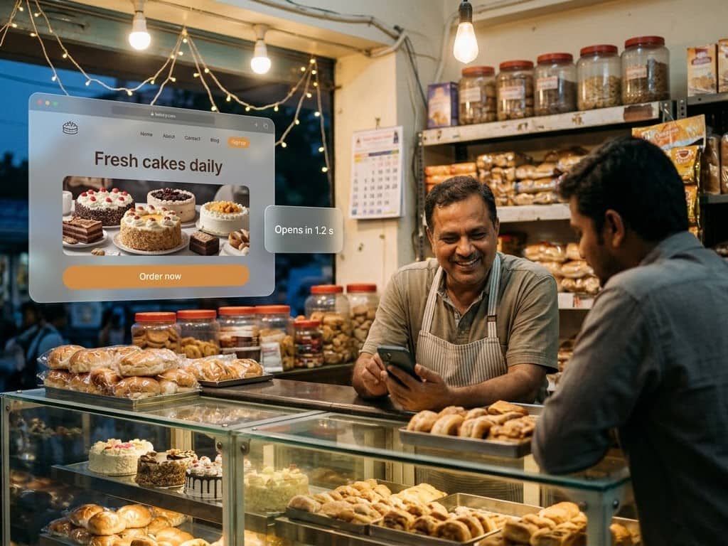 A bakery owner showing a customer his shop's website, which opens in 1.2 seconds
