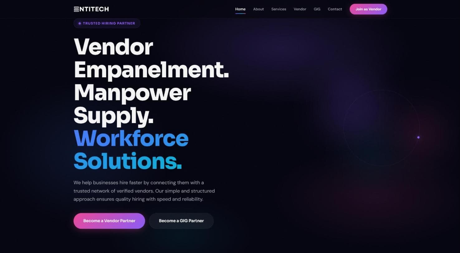 The live Entitech website, home page