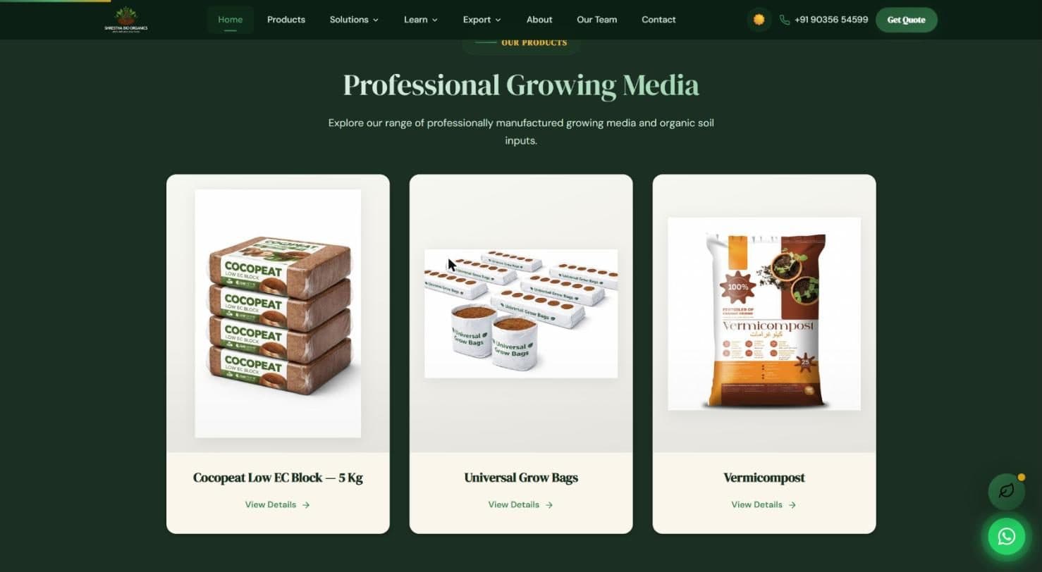 Product range, each with its own detail page
