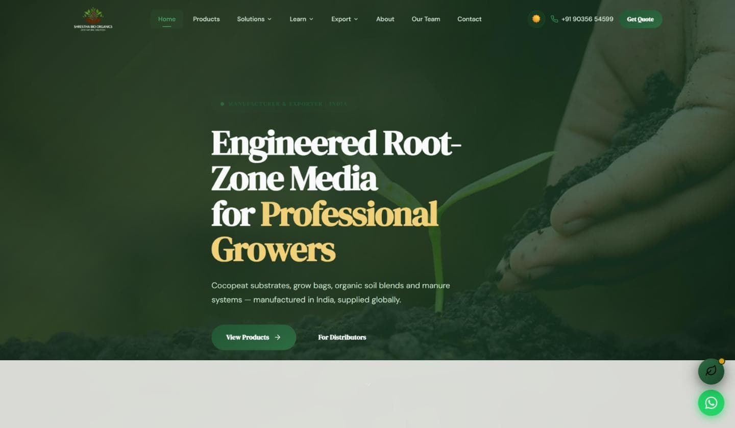 The live Shrestha Bio Organics website, home page